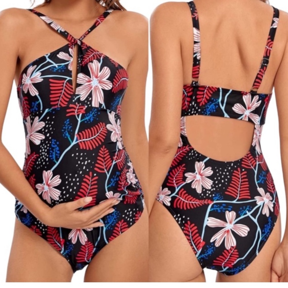 NEW! Maternity One Piece Swimsuit Floral Side Ruching Fixed Cups Size Small